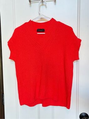 Angela Mele Milano Chunky Ribbed Red Orange Coral Sweater Vest OS